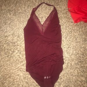 American Eagle Maroon Deep V Bodysuit